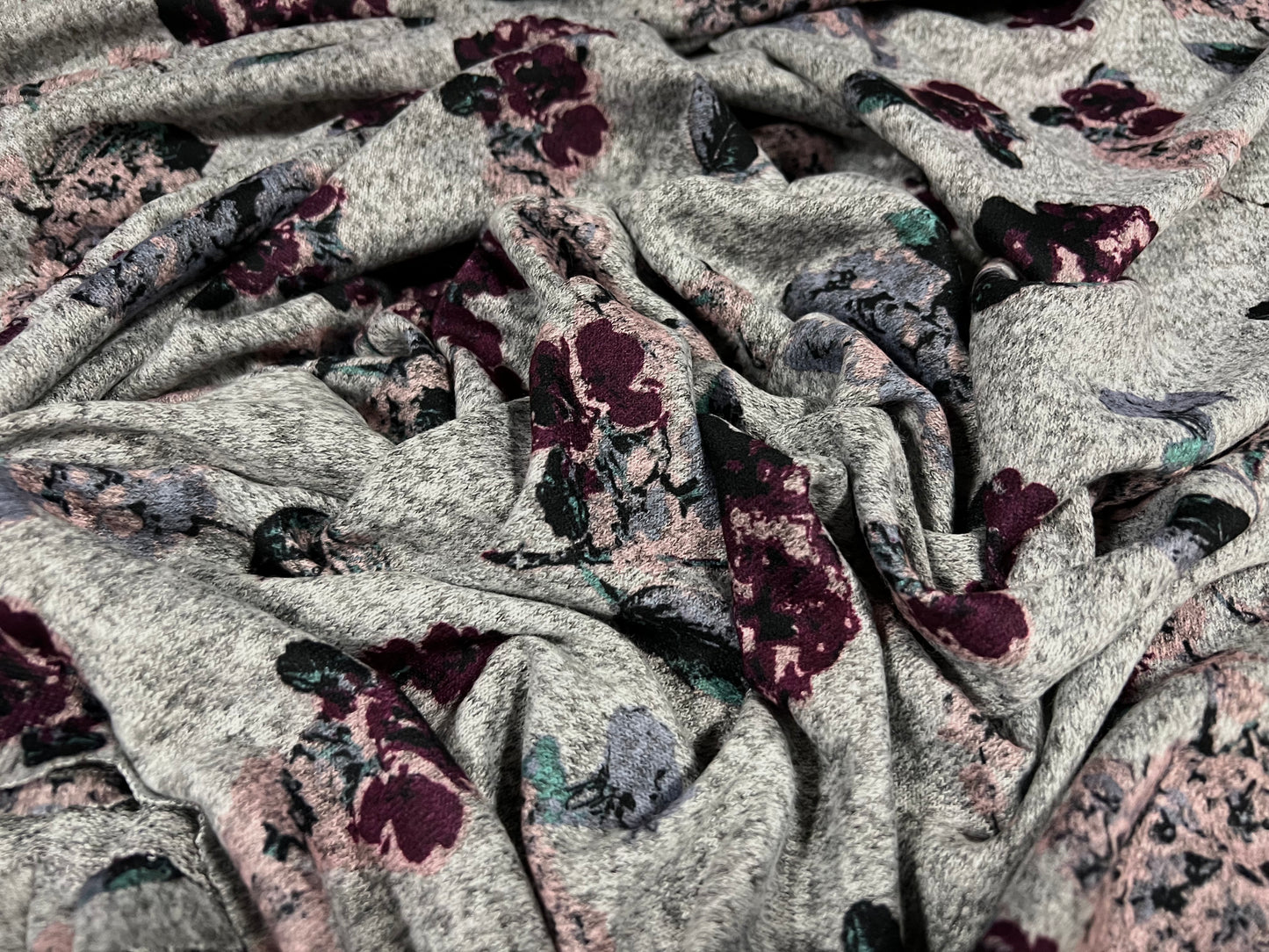 Super soft knitwear jersey fabric, per metre - flower print - grey marl, lavender and plum