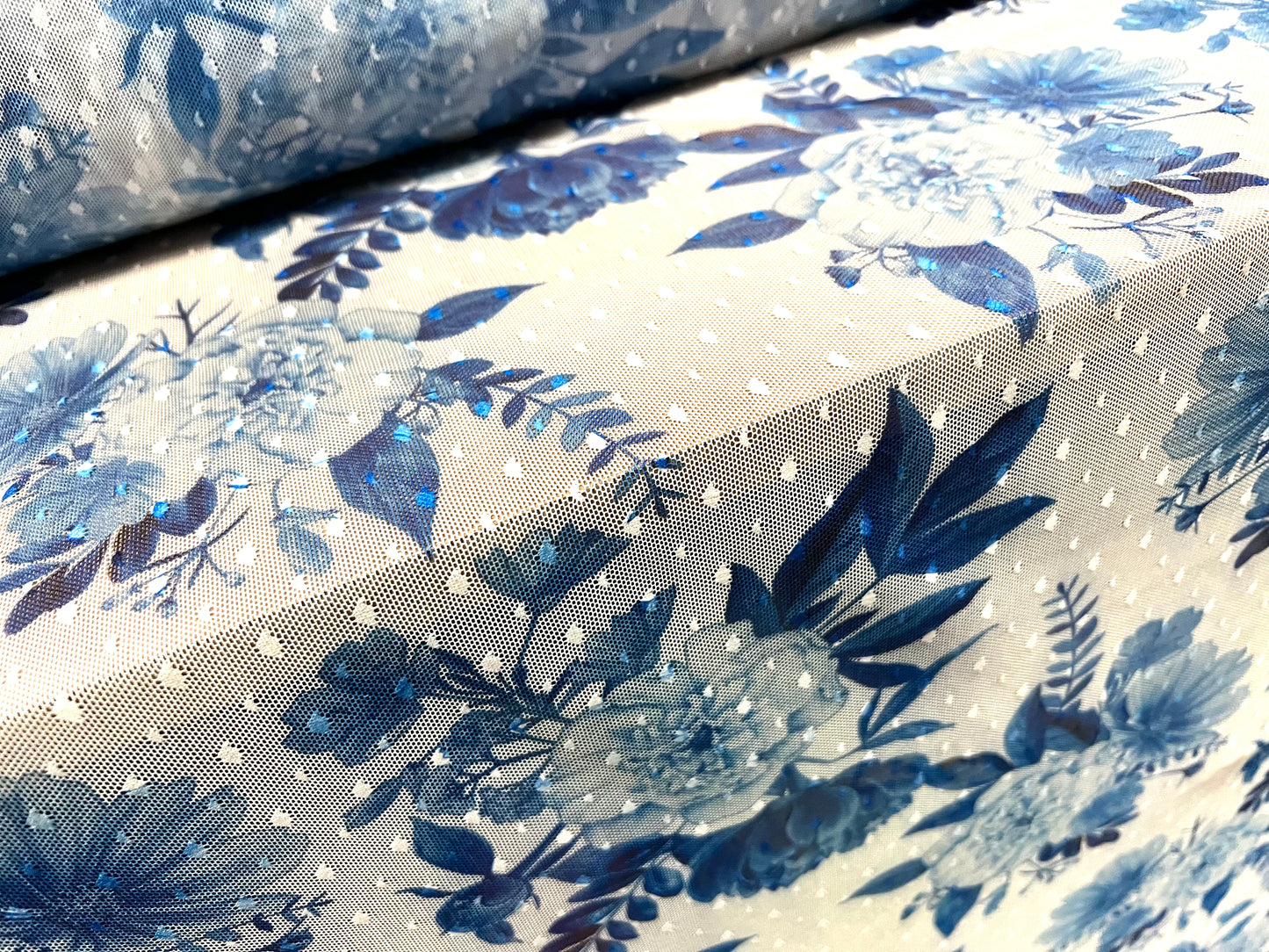 Power mesh net stretch spandex fabric, per metre - floral dobby - blue & white