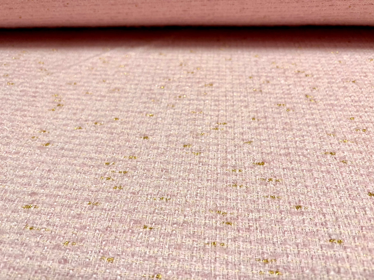 Wool blend bouclé heavyweight fabric with lurex sparkle, per metre - pink & gold metallic