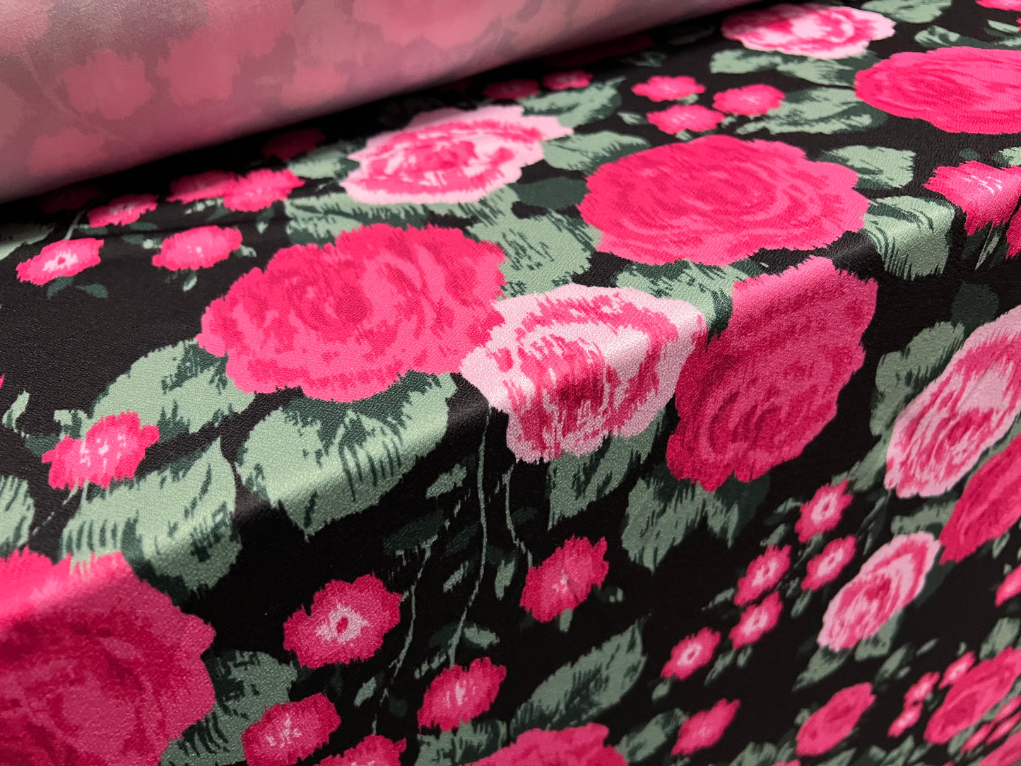 Textured scuba spandex stretch jersey fabric, per metre - black with pink roses floral print