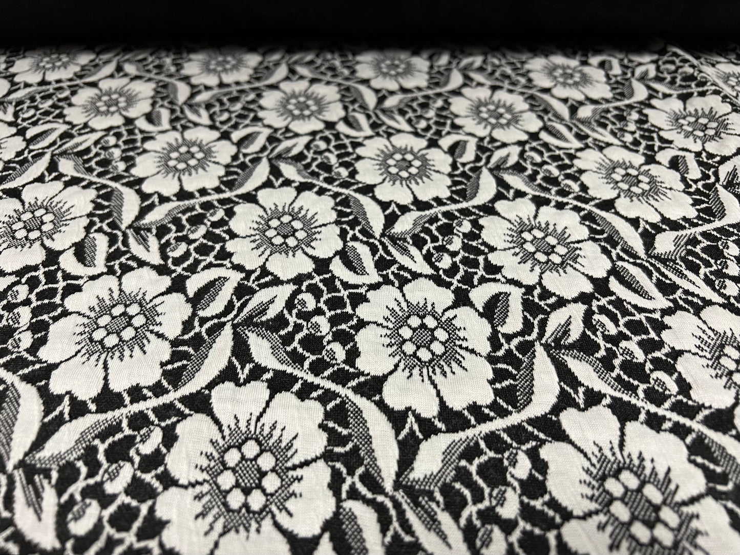 Double jersey spandex knitwear dress fabric, per metre - flower jacquard - black and white