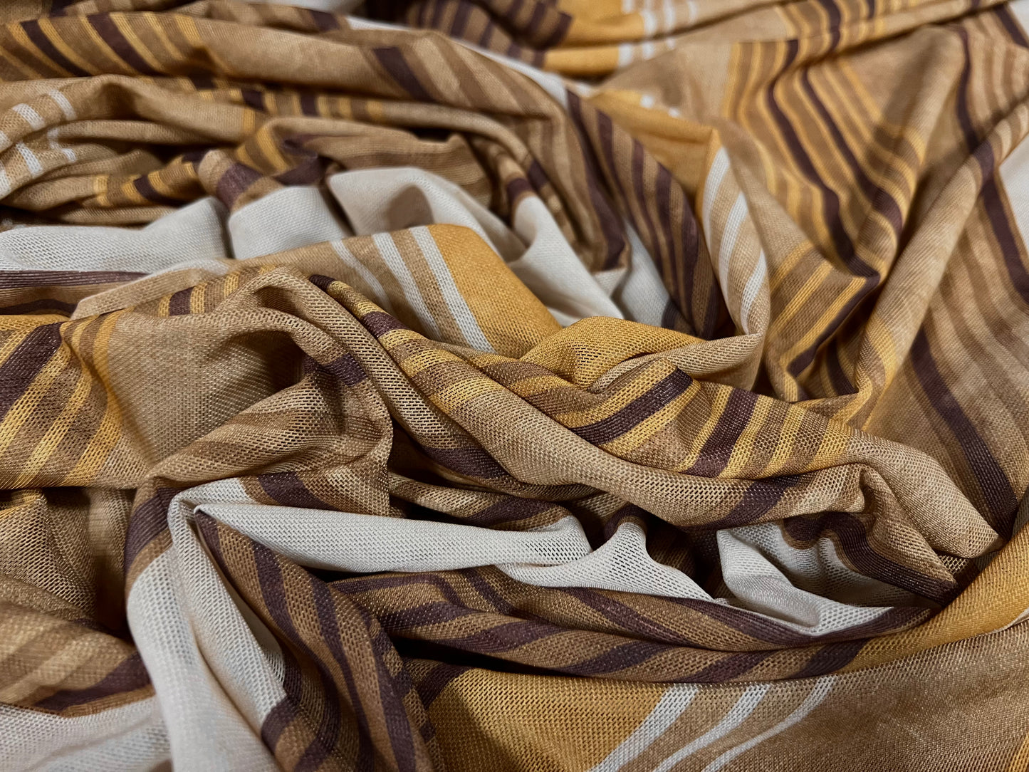 Power mesh net stretch spandex fabric, per metre - distressed stripe print - toffee & brown