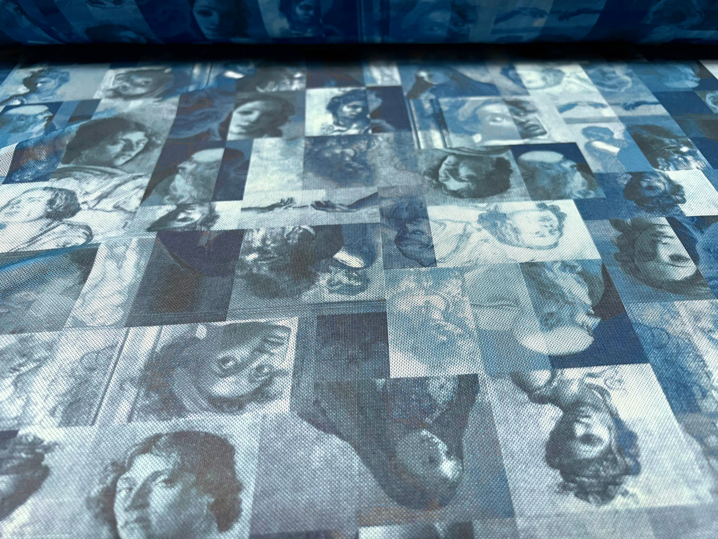 Power mesh net stretch spandex fabric, per metre - artists portrait of faces print - blue