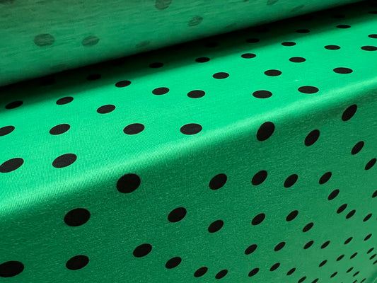 Soft handle ringspun single jersey fabric, per metre - Polka dot print - green & black