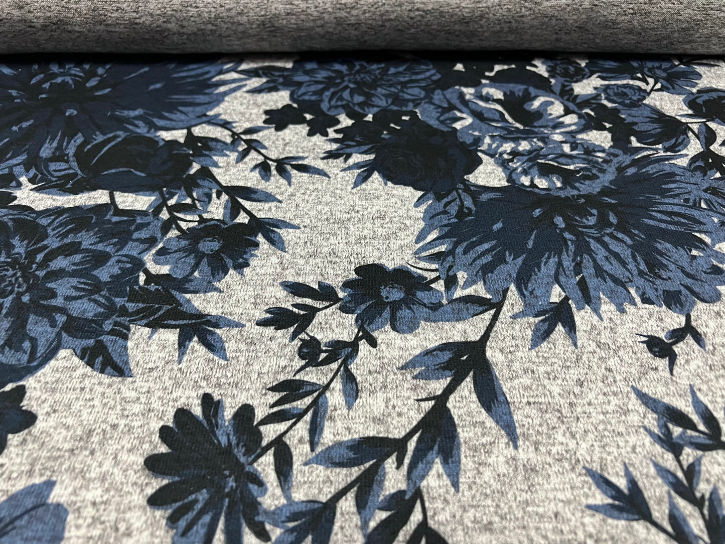 Super soft knitwear jersey fabric, per metre - flower print - grey marl & blue rose