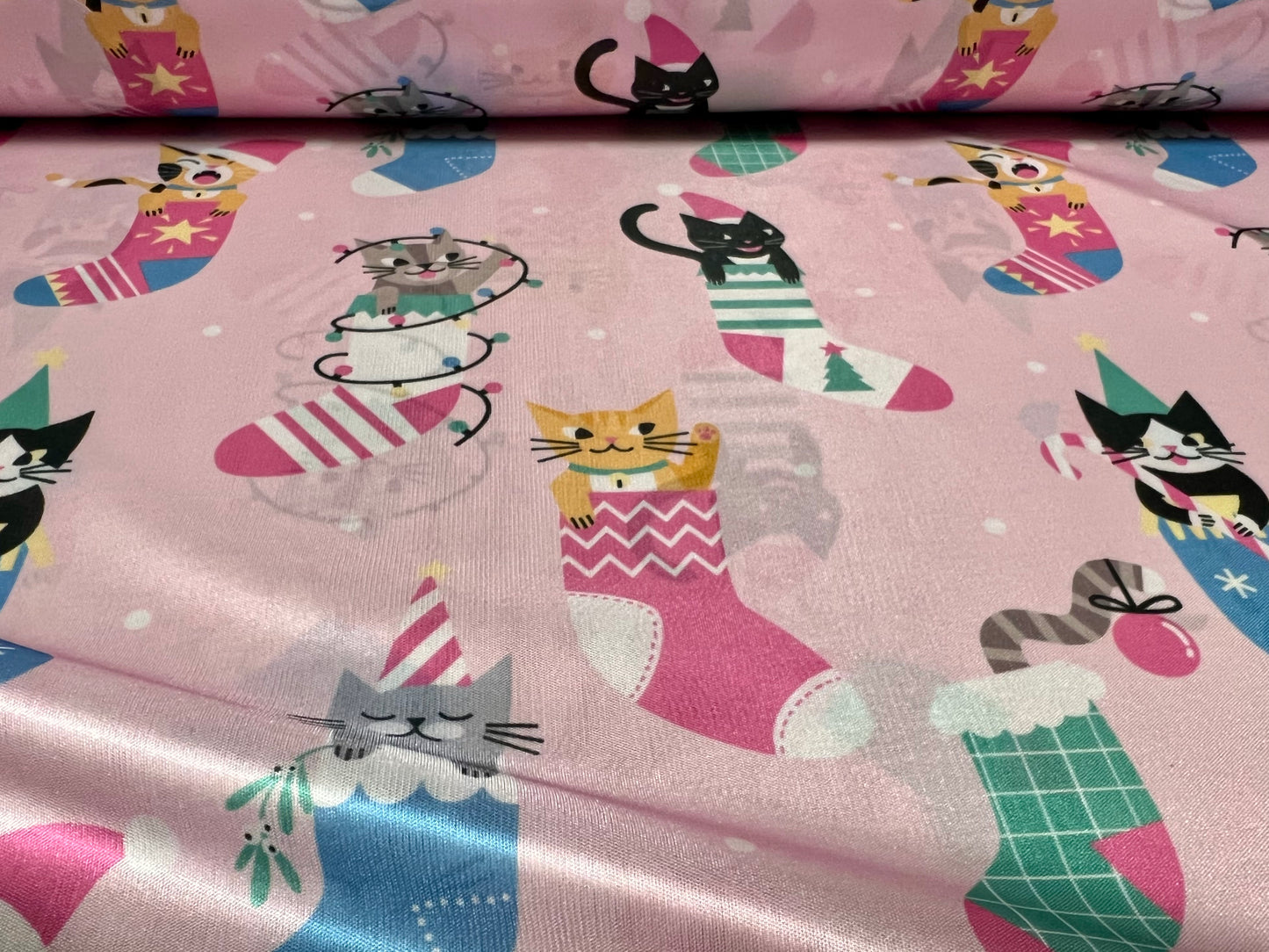 Satin jersey fabric, per metre - Christmas kittens print - pink