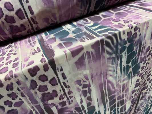 Power mesh net sheer stretch spandex fabric, per metre -  distressed animal fusion print - purple