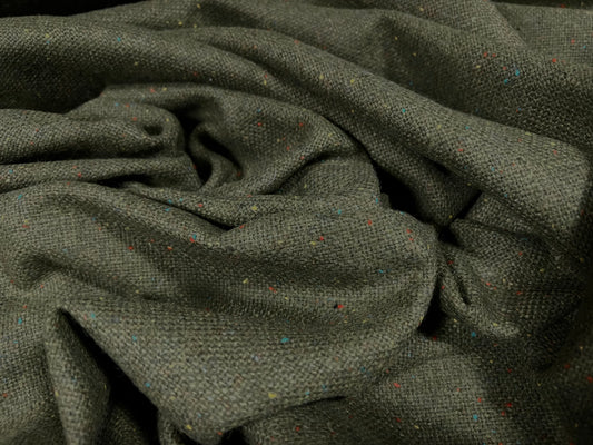 Wool blend tweed coat jacket fabric, per metre - olive green with multicolour fleck