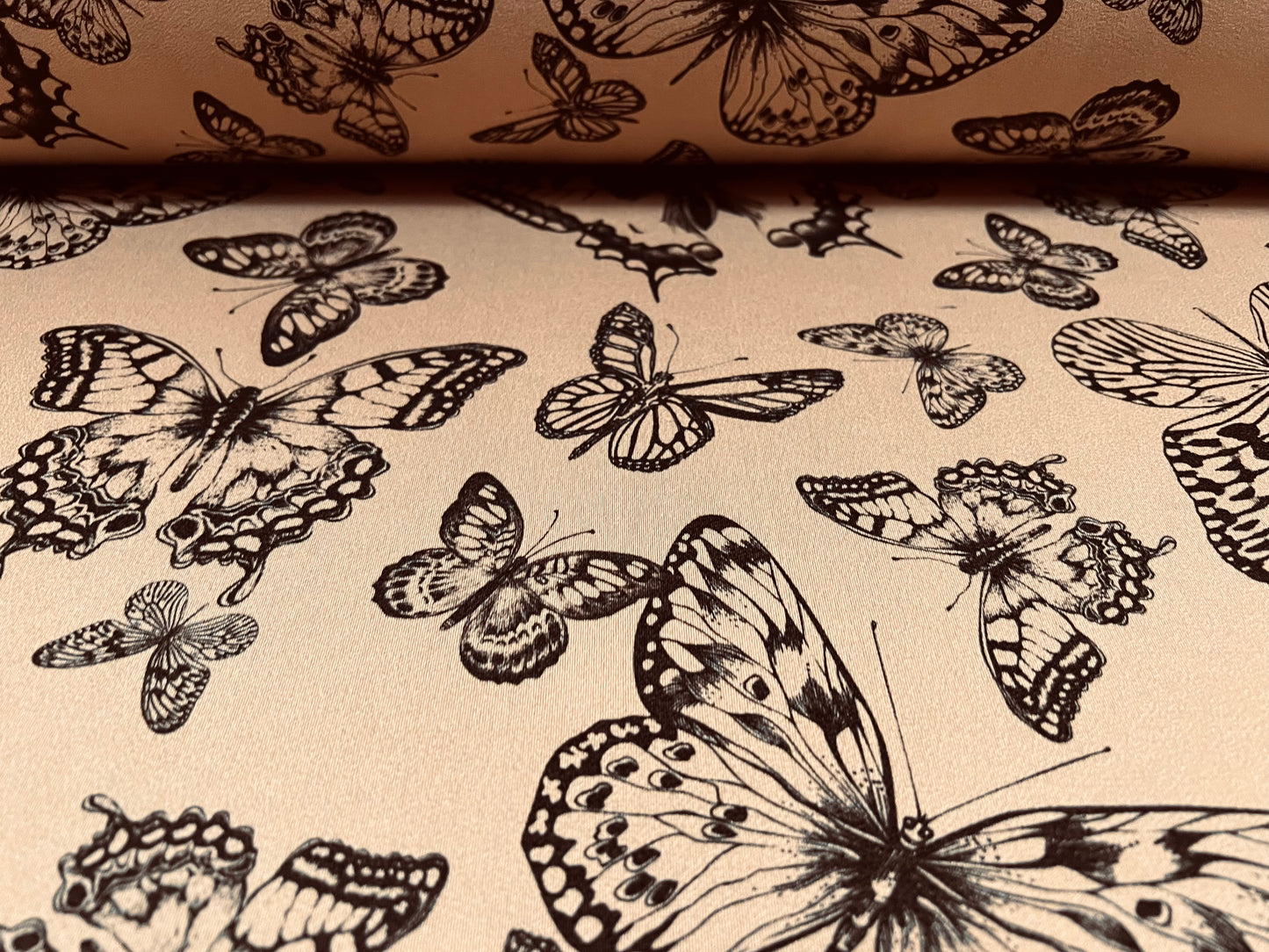 Stretch spandex crepe single jersey dress fabric, per metre - butterflies print - stone & black