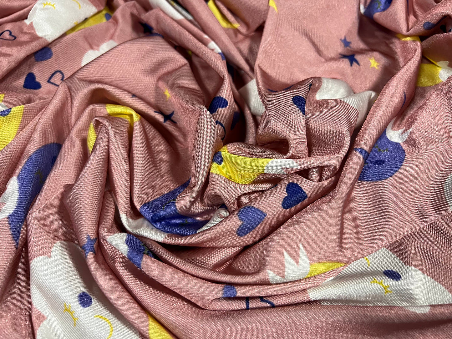 Disco shimmer stretch spandex single jersey fabric, per metre - children’s print - clouds moon and sun - dusky pink