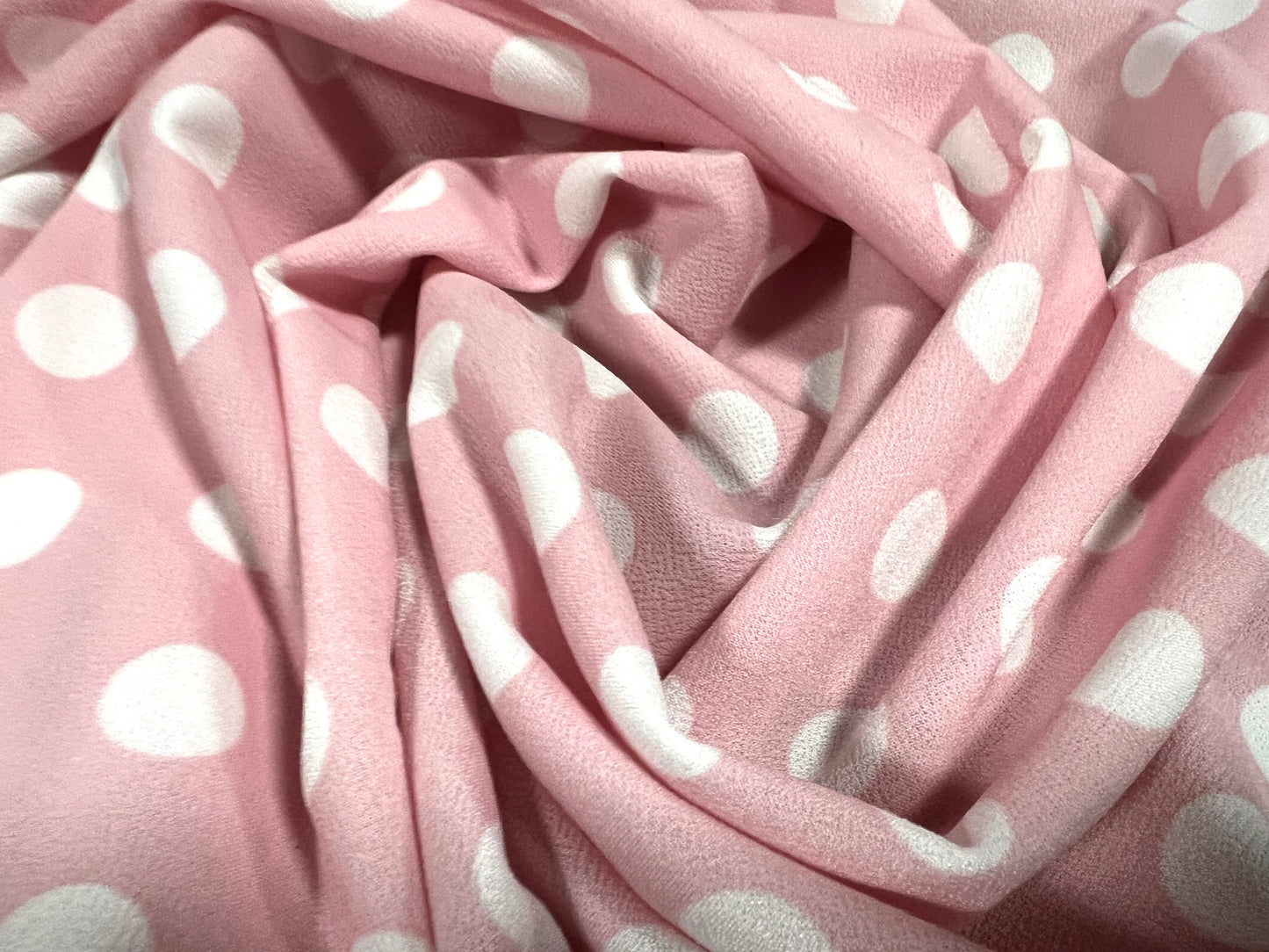 Scuba crepe stretch spandex jersey dress fabric, per metre - polka dot print - baby pink & white