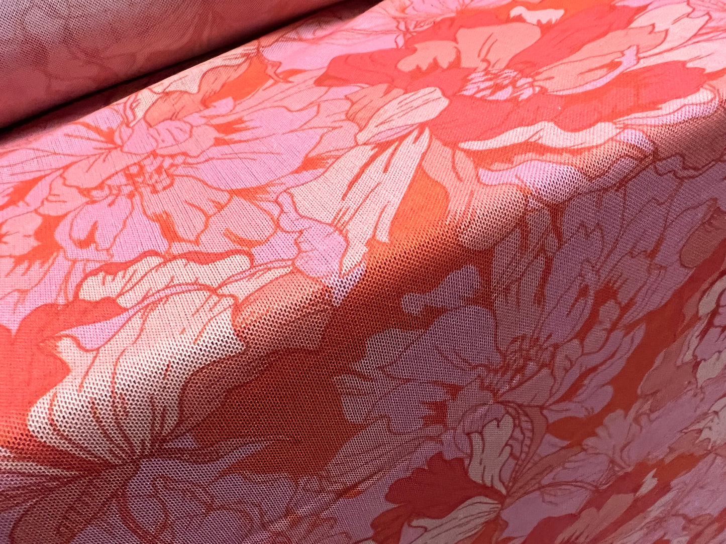 Power mesh net stretch spandex fabric, per metre - flower print - pink & coral