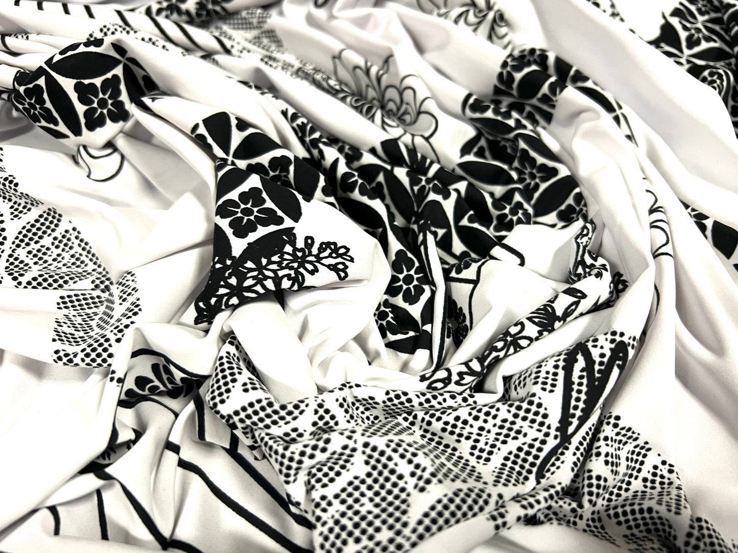 Soft touch stretch spandex jersey fabric, per metre - print - floral fan print - monochrome