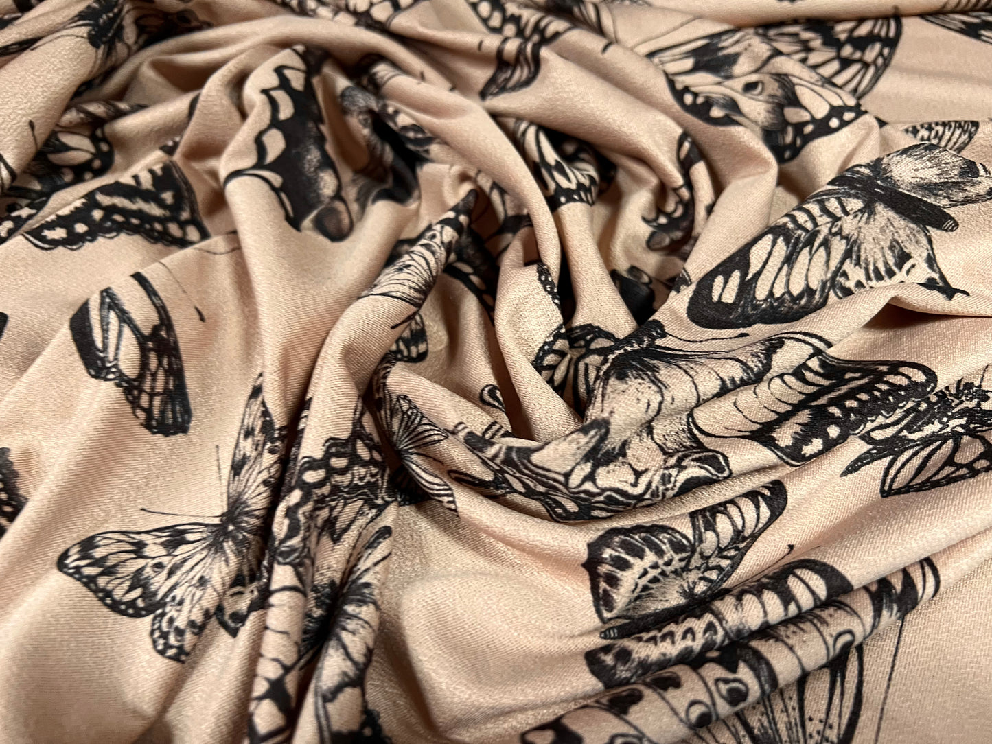 Stretch spandex crepe single jersey dress fabric, per metre - butterflies print - stone & black