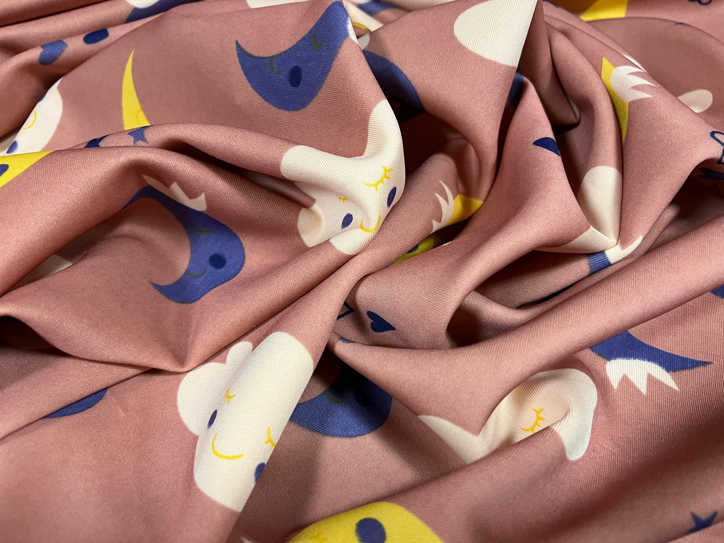 Scuba neoprene style double jersey stretch spandex fabric, per metre - Children’s clouds print - dusky pink