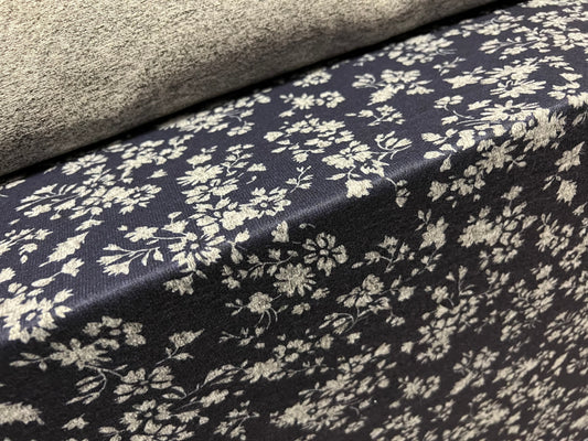 Super soft knitwear jersey fabric, per metre - flower print - navy blue & grey