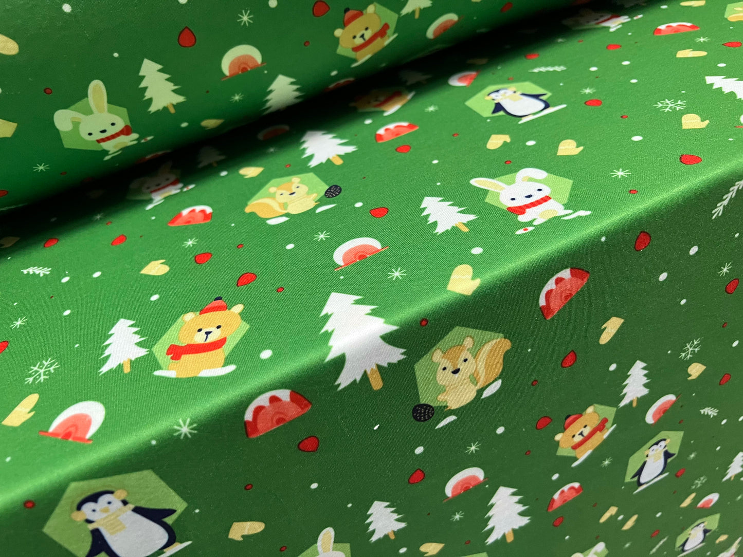 Scuba Neoprene style double jersey Stretch fabric, per metre print - Christmas Penguins print - green