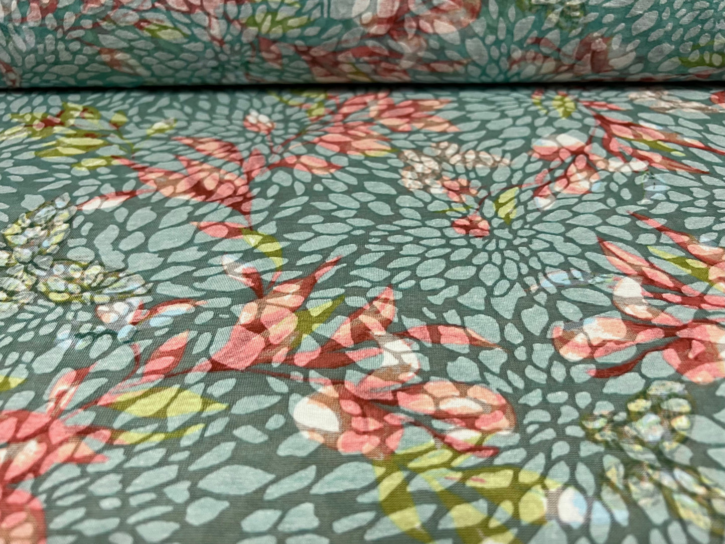 Lady K lightweight burnout single jersey fabric, per metre - petals & flowers print - aqua & pink