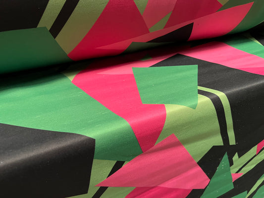 Scuba neoprene style double jersey stretch spandex fabric, per metre - 80s retro shapes print - hot pink & green