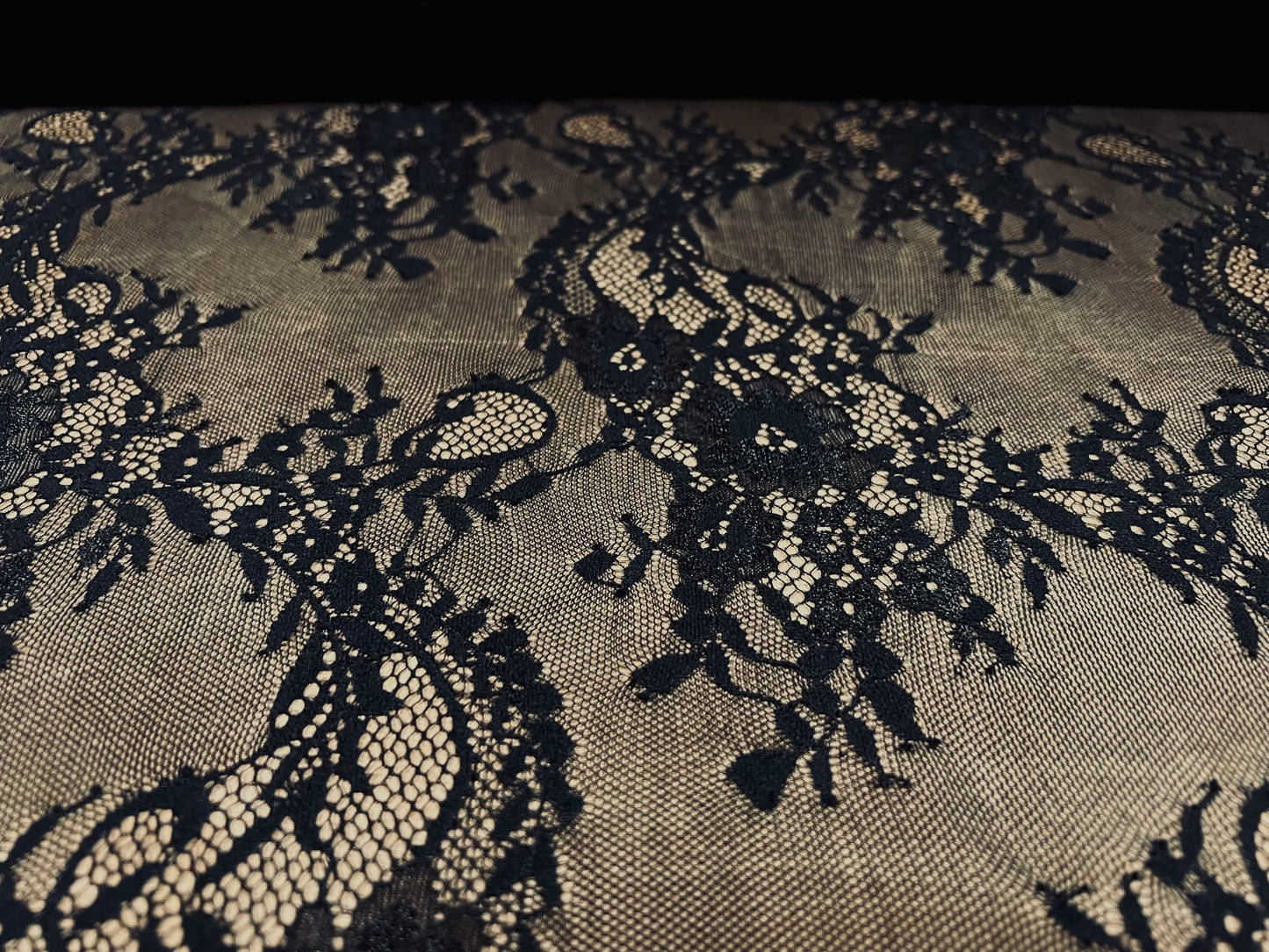 Sheer mesh lace fabric, per metre - paisley floral design - black