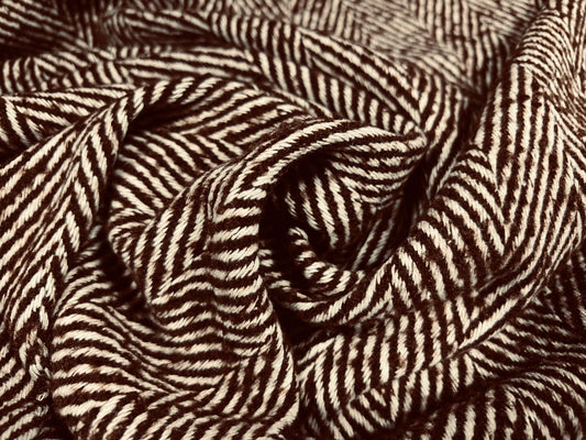 Wool jacquard woven fabric, per metre - herringbone slub - dark brown & ecru