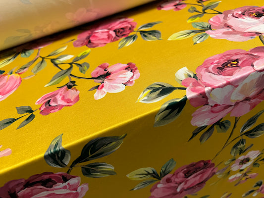 Soft touch stretch spandex jersey fabric, per metre - rose flower print - mustard & pink