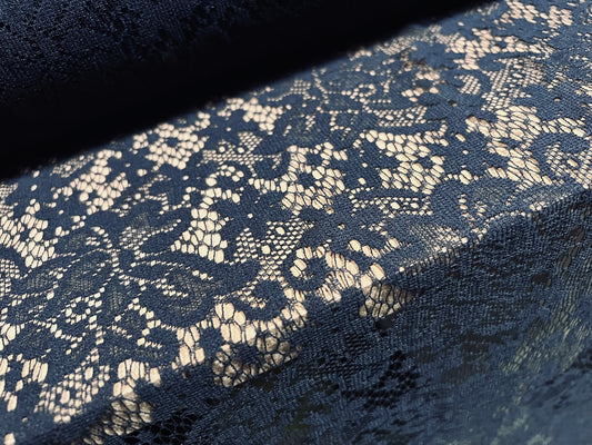 Lace fabric, per metre - floral design - non-stretch - dark navy blue