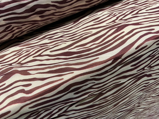 Power mesh net stretch spandex fabric, per metre - zebra animal print - plum & white