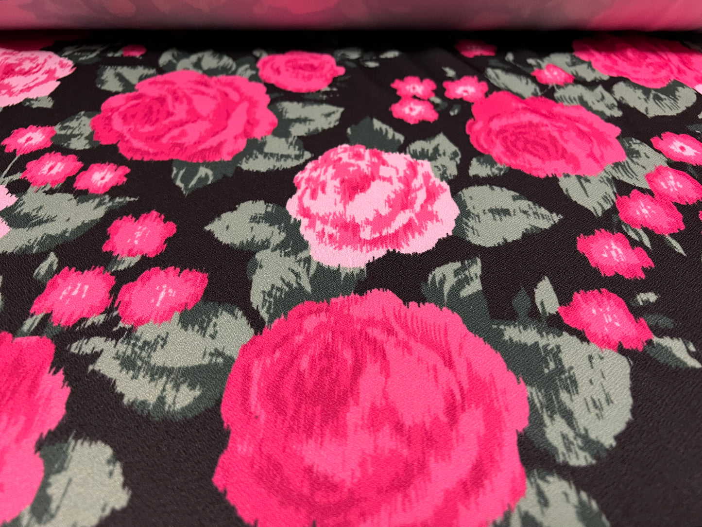 Textured scuba spandex stretch jersey fabric, per metre - black with pink roses floral print