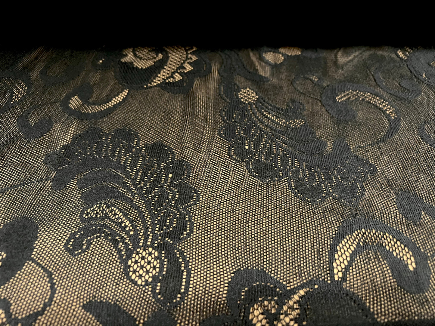 Crochet lace stretch spandex dress fabric, per metre - paisley design - black