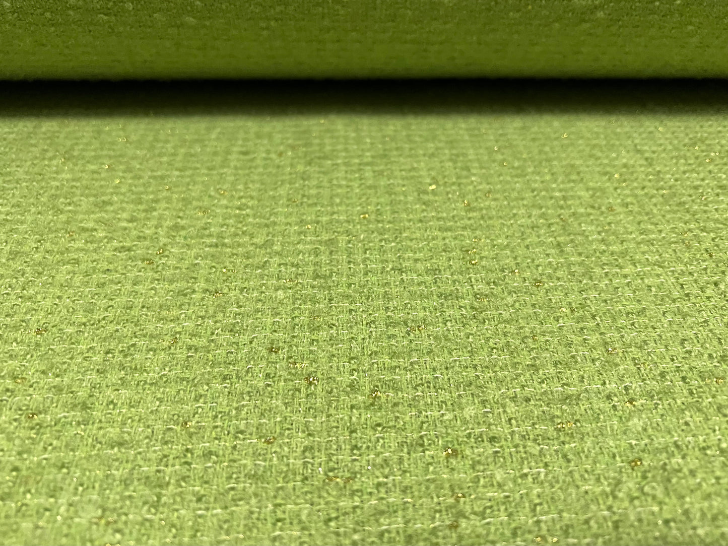 Wool blend bouclé heavyweight fabric with lurex sparkle, per metre - green & gold metallic