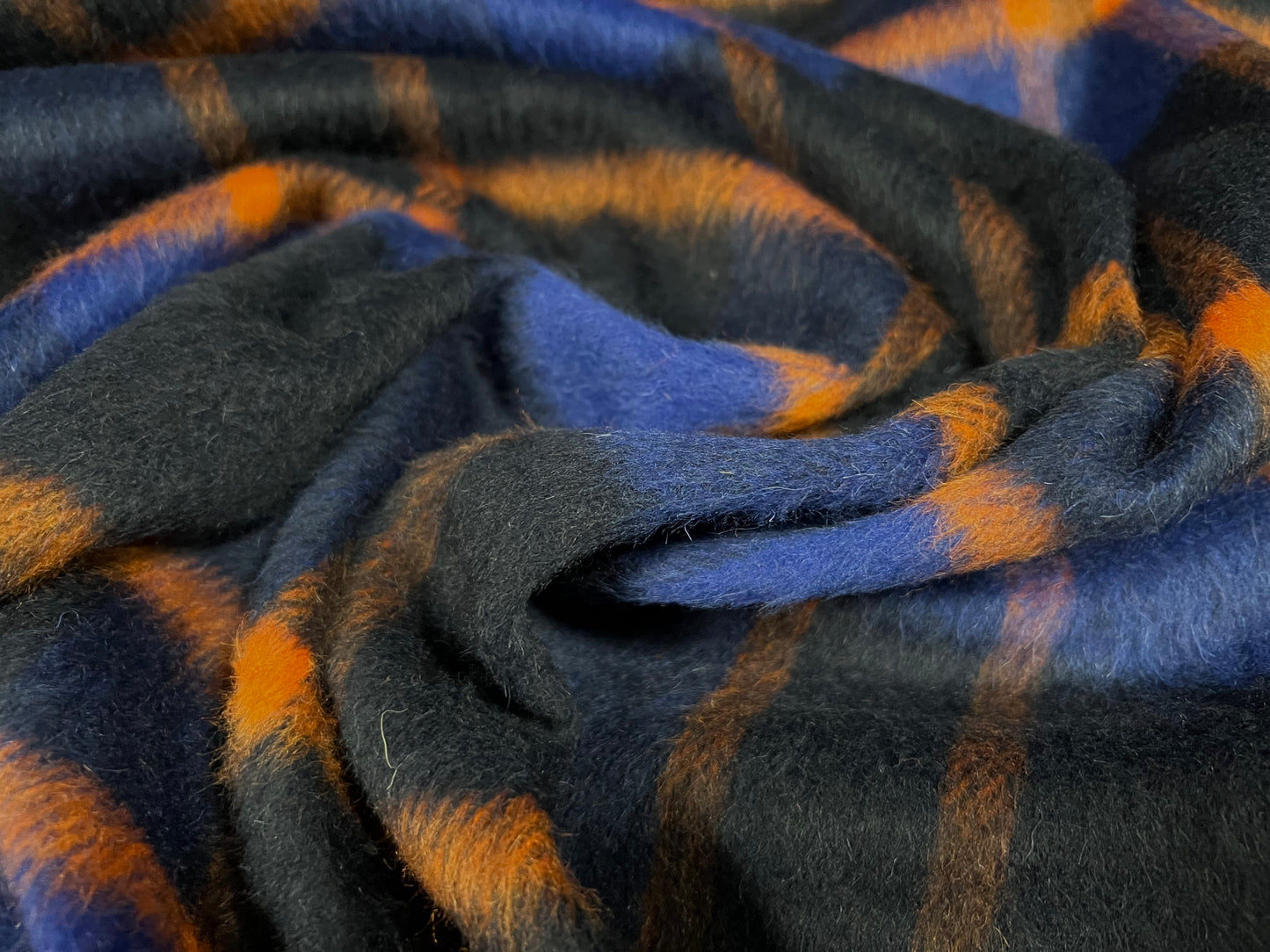 Wool brushed mouflon coat jacket fabric, per metre - check plaid - blue & orange