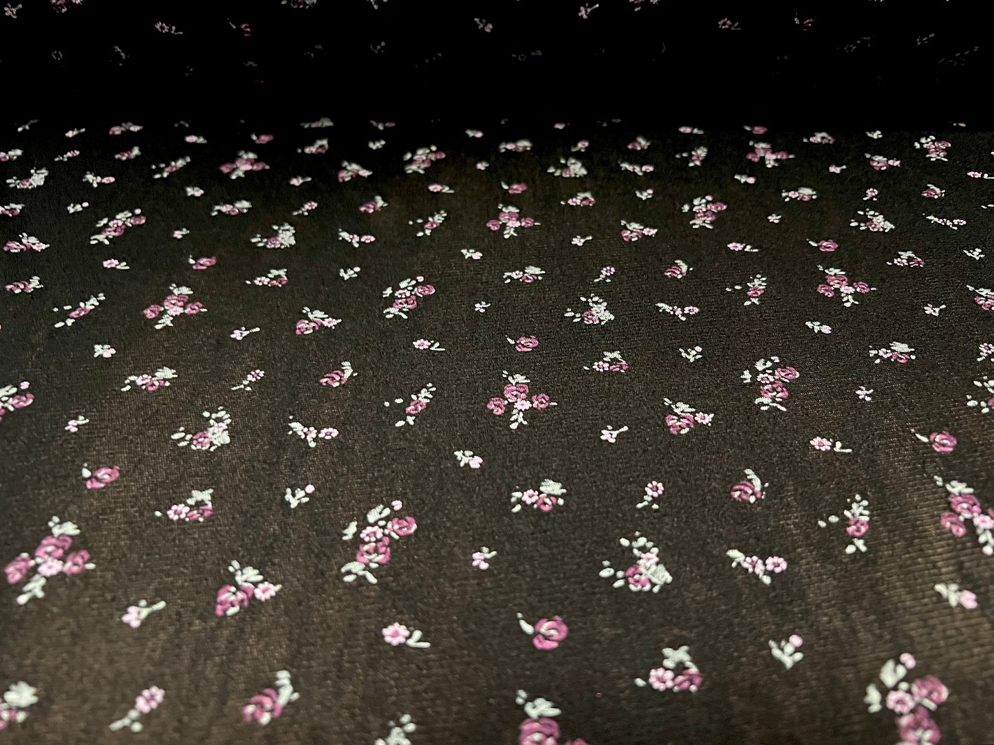 Power mesh net sheer stretch fabric, per metre - ditsy floral print - black & lilac