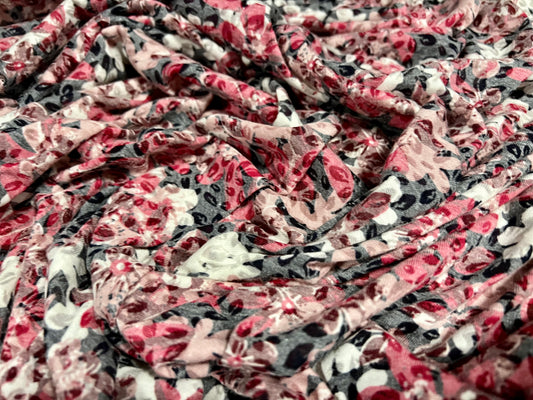 Lady K lightweight burnout single jersey fabric, per metre - petals & flowers print - grey pink & ivory