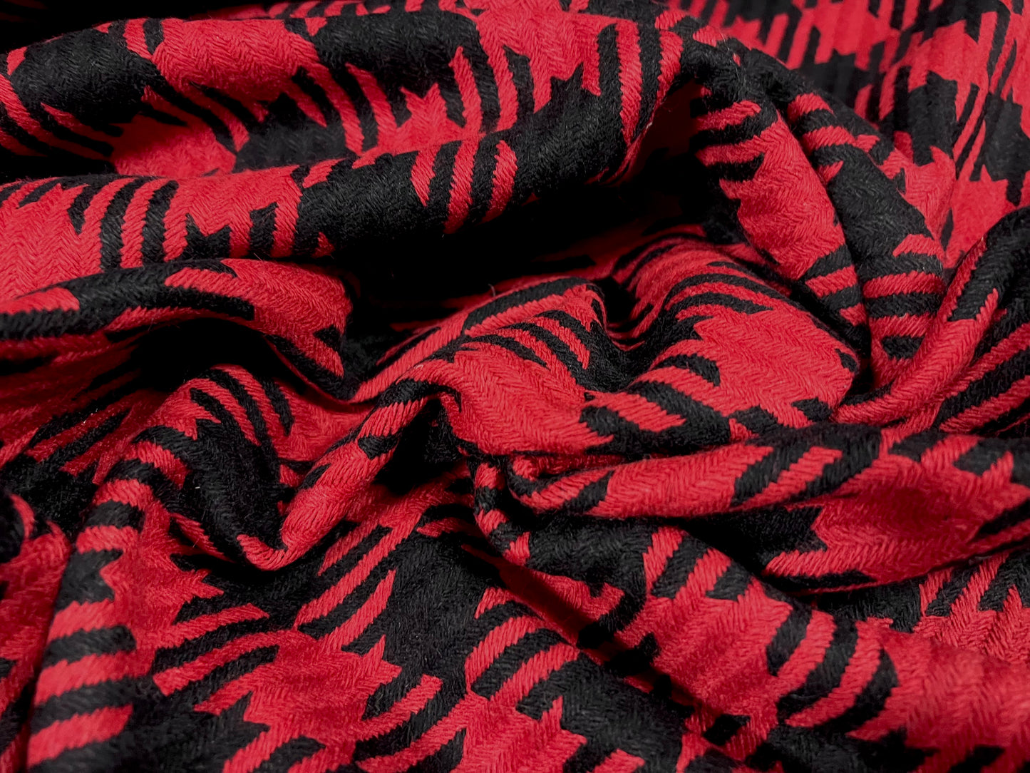 Wool blend heavyweight jacquard fabric, per metre - houndstooth - red & black