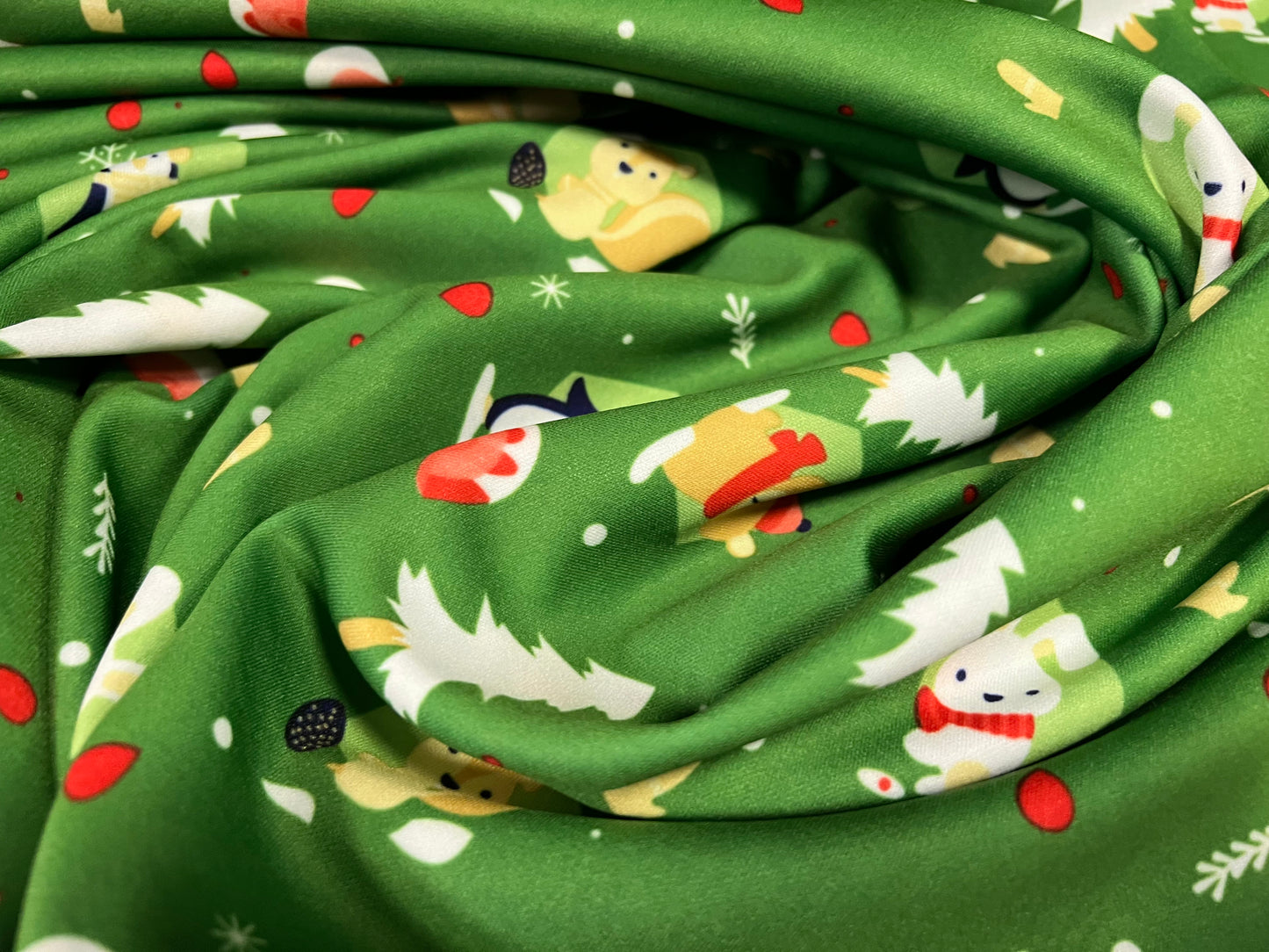 Scuba Neoprene style double jersey Stretch fabric, per metre print - Christmas Penguins print - green