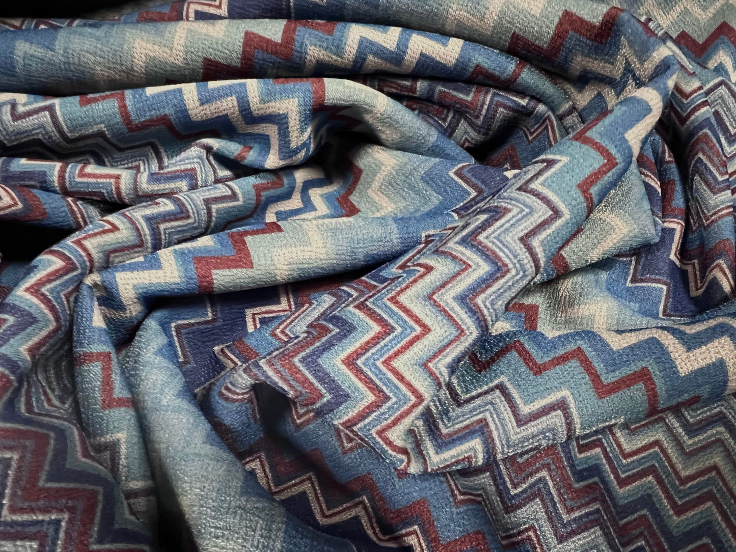 Valentino spandex stretch crepe jersey fabric - similar to scuba - per metre - chevron zig zag print - blue grey