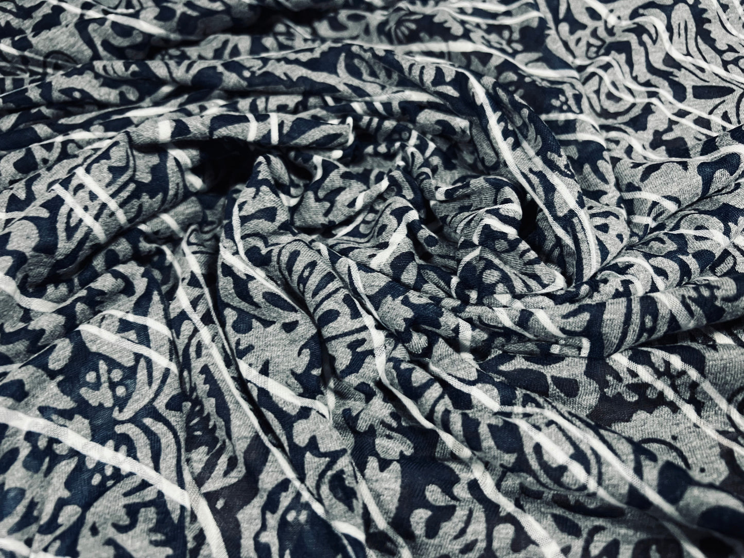 Lady K lightweight burnout single jersey fabric, per metre - print - paisley bias stripe print - indigo