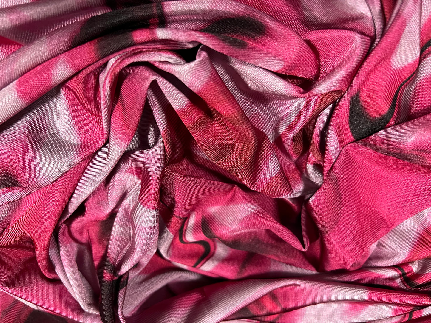 Disco shimmer spandex stretch jersey fabric, per metre - swirl print - cerise pink & grey