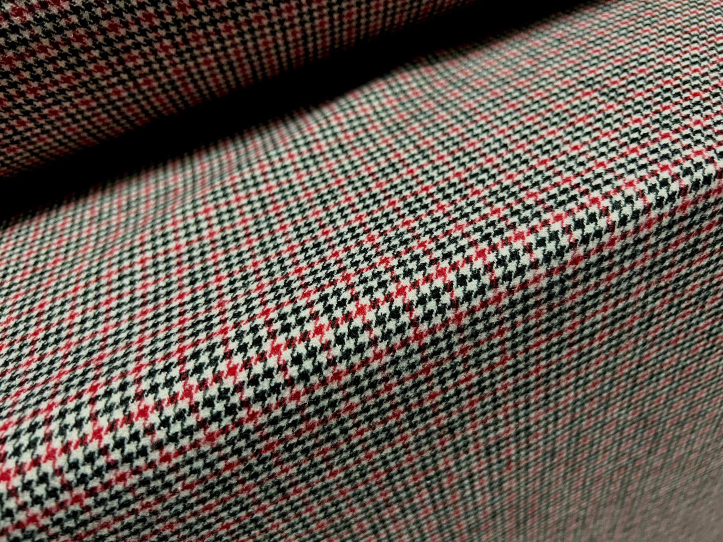 Wool mouflon coat jacket fabric, per metre - small check plaid - red white & black