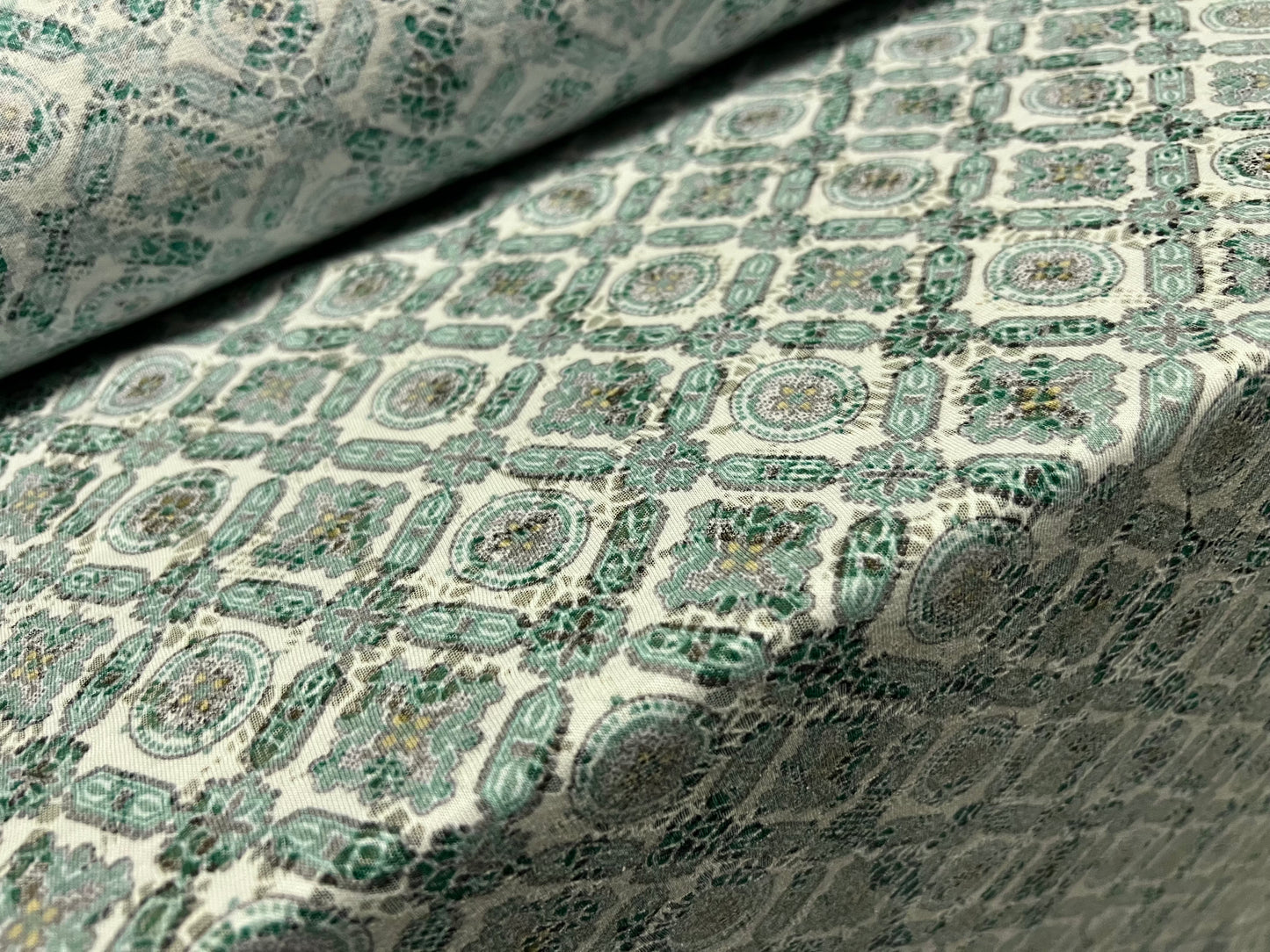 Lady Jessica lightweight burnout single jersey fabric, per metre - Moroccan print - mint & white