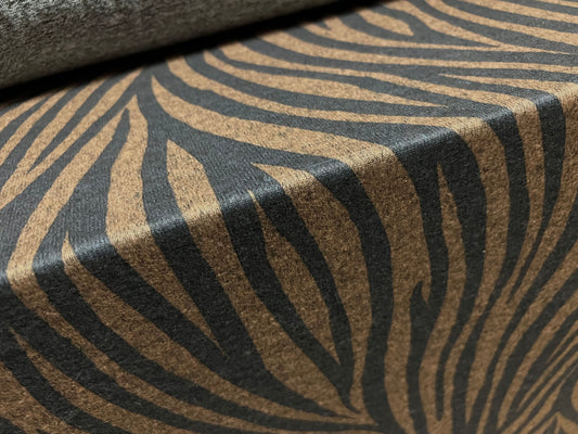 Super soft knitwear jersey fabric, per metre - zebra animal print - bronze & charcoal