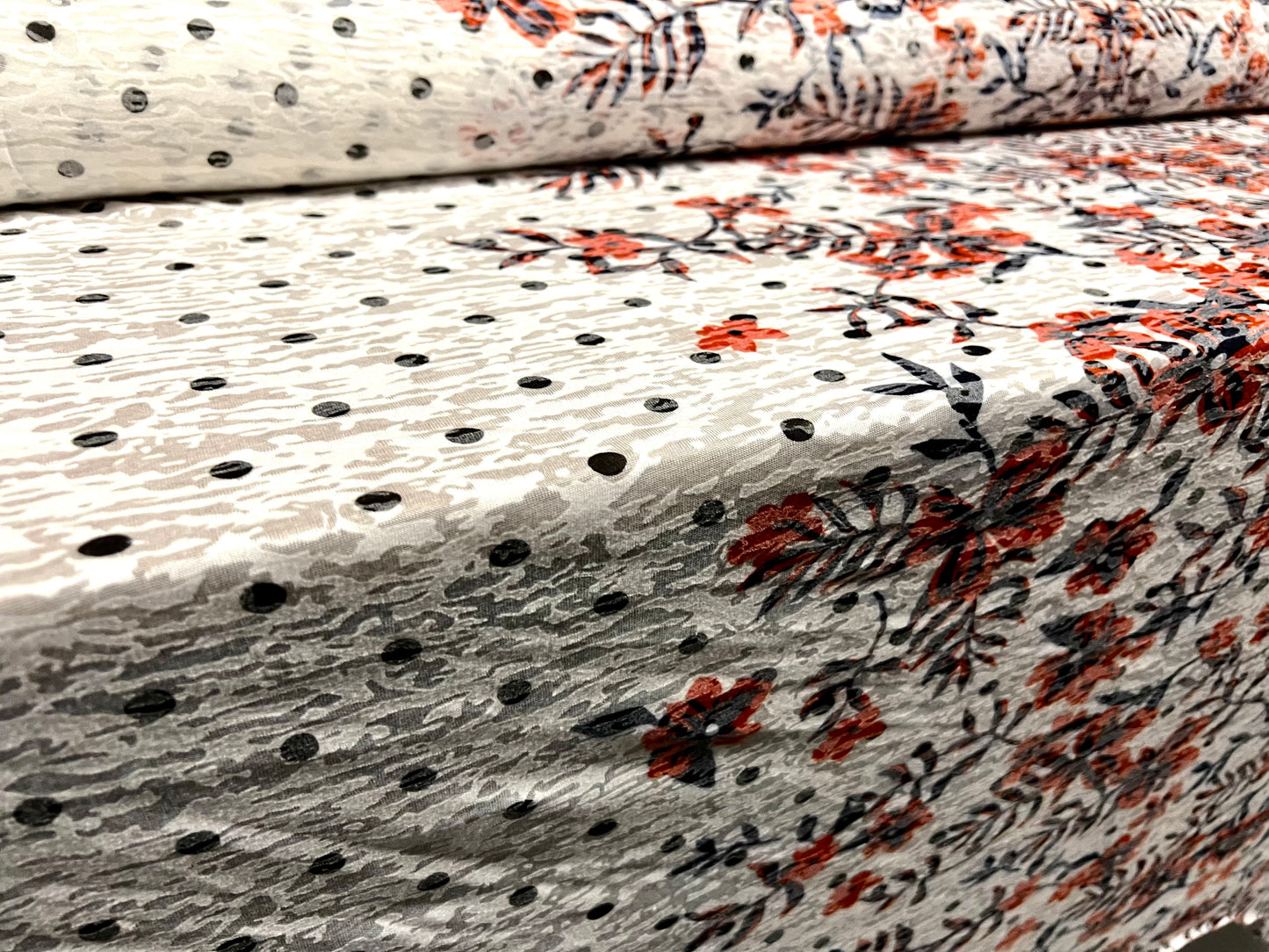 Lady K lightweight burnout single jersey fabric, per metre -polka dot floral print - ecru orange