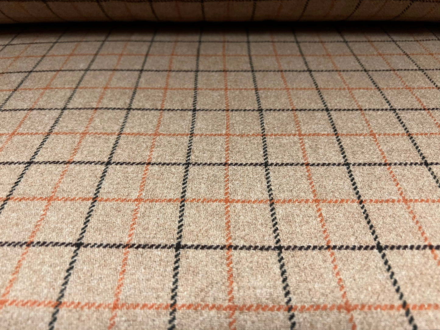 Wool jacquard woven fabric, per metre - check design - stone orange & black