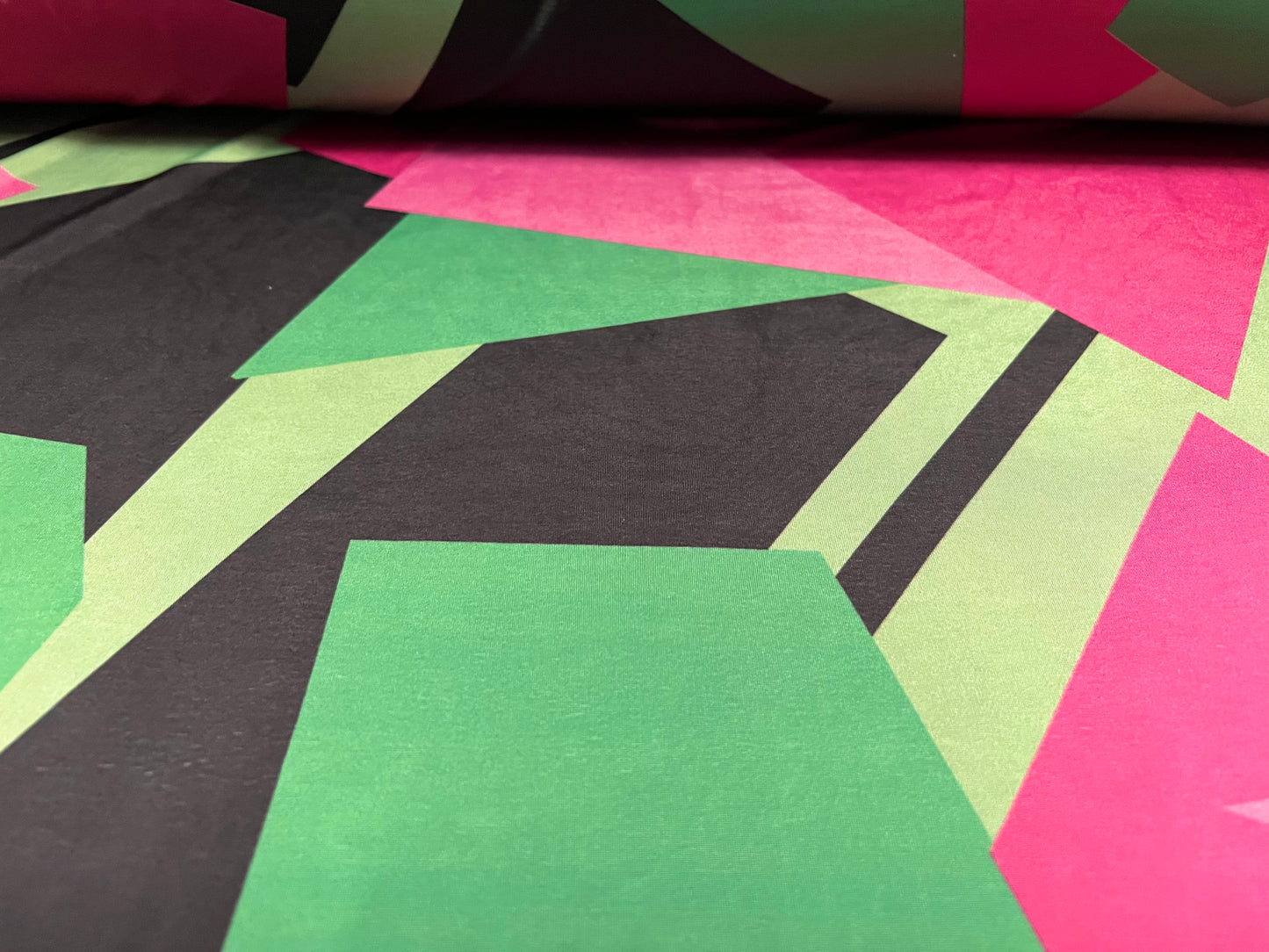 Soft touch stretch spandex jersey fabric, per metre - 80s retro shapes print - hot pink & green