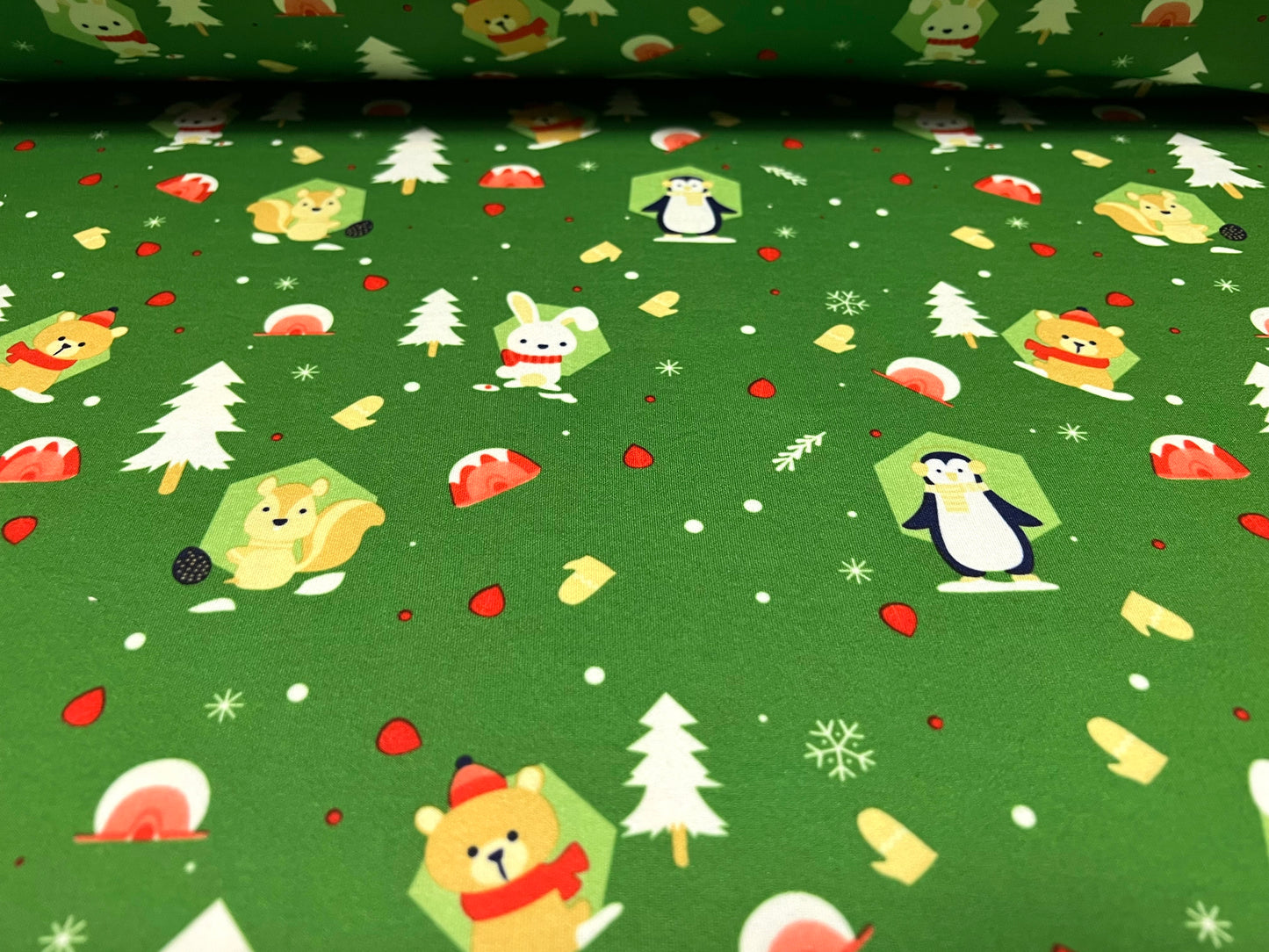 Scuba Neoprene style double jersey Stretch fabric, per metre print - Christmas Penguins print - green