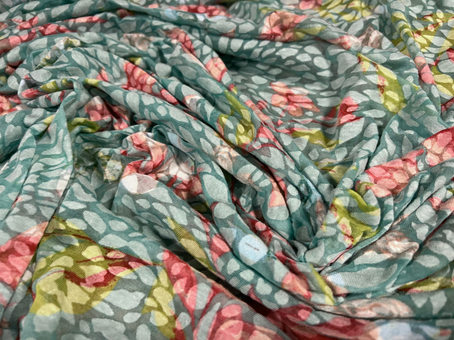 Lady K lightweight burnout single jersey fabric, per metre - petals & flowers print - aqua & pink