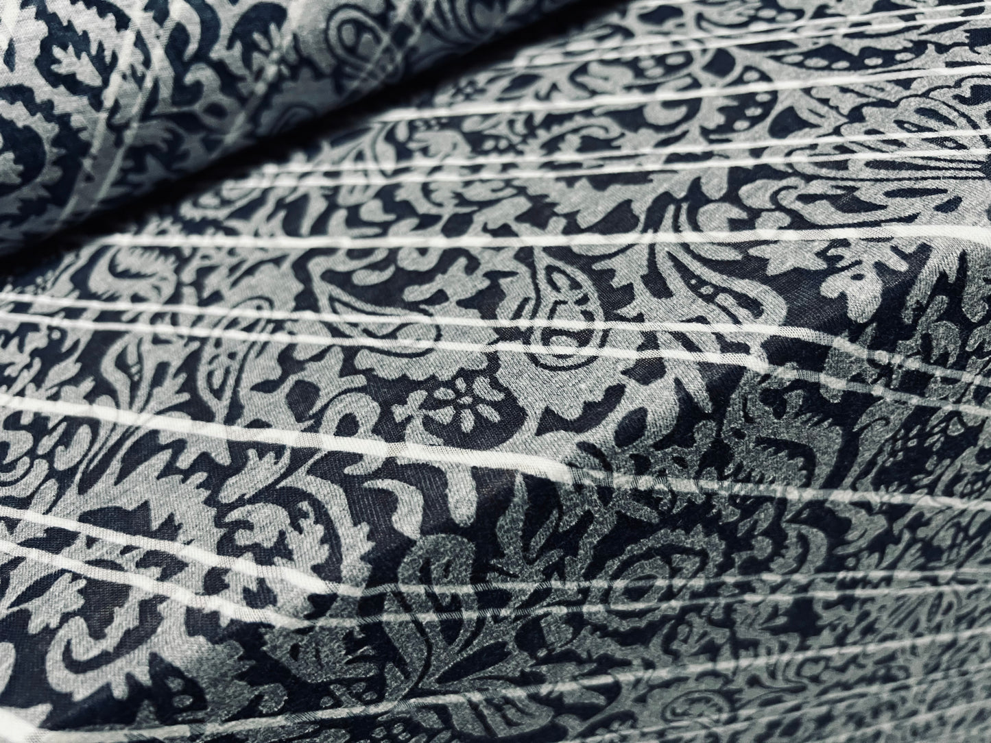 Lady K lightweight burnout single jersey fabric, per metre - print - paisley bias stripe print - indigo