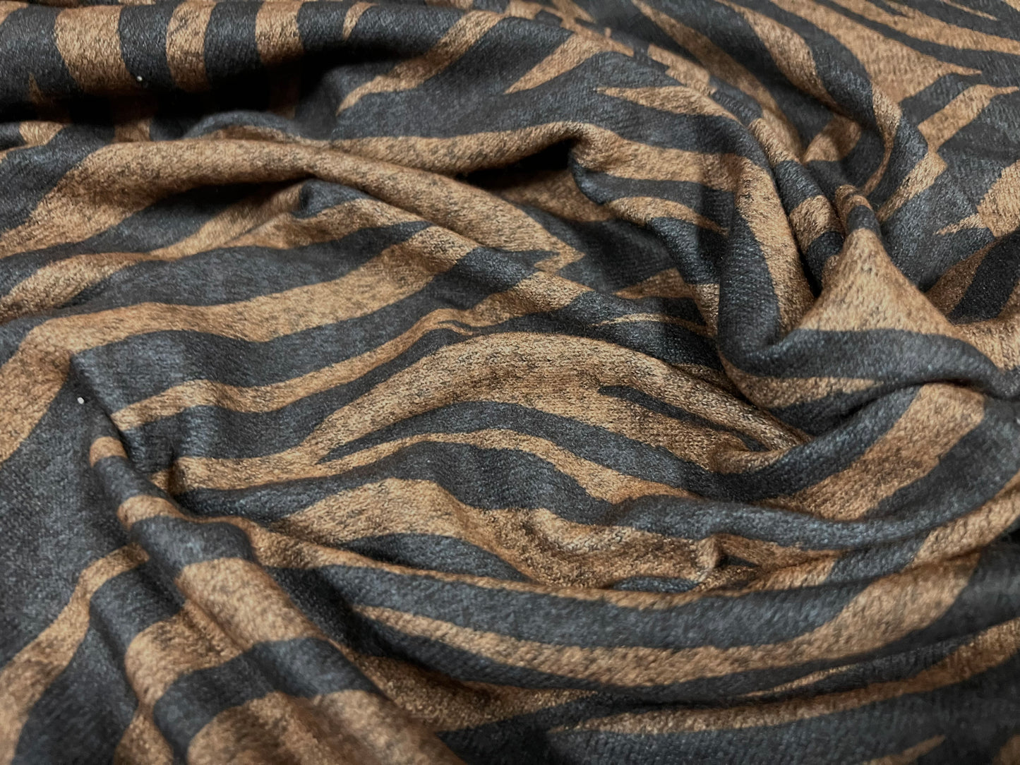 Super soft knitwear jersey fabric, per metre - zebra animal print - bronze & charcoal