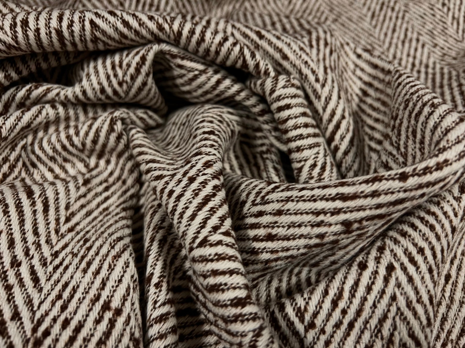 Wool jacquard woven fabric, per metre herringbone slub brown ecru